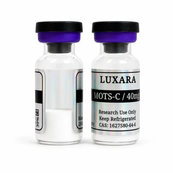 Two Luxara Labs MOTS-c 40mg research peptide vials on a white background