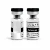 Two Luxara Labs Adamax 10mg research peptide vials with black caps on a white background
