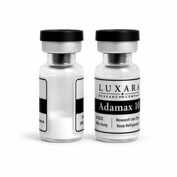 Two Luxara Labs Adamax 10mg research peptide vials with black caps on a white background