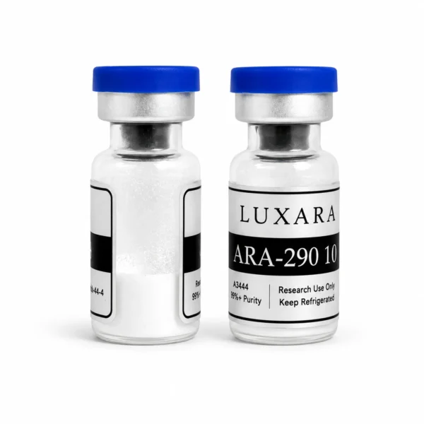 Two Luxara Labs ARA-290 10mg research peptide vials with blue caps on a white background