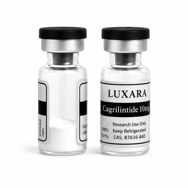 Two Luxara Labs Cagrilintide research peptide vials with black caps on a white background