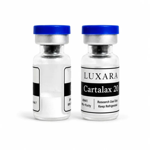 Two Luxara Labs Cartalax 20mg research peptide vials with blue caps on a white background