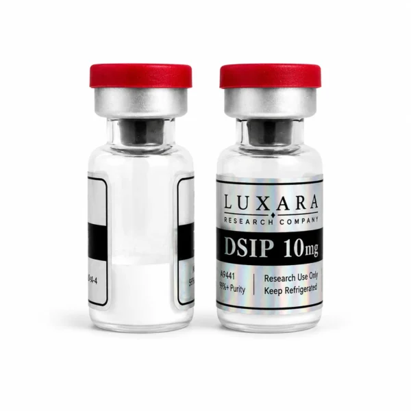 Two Luxara Labs DSIP 10mg research peptide vials with red caps on a white background