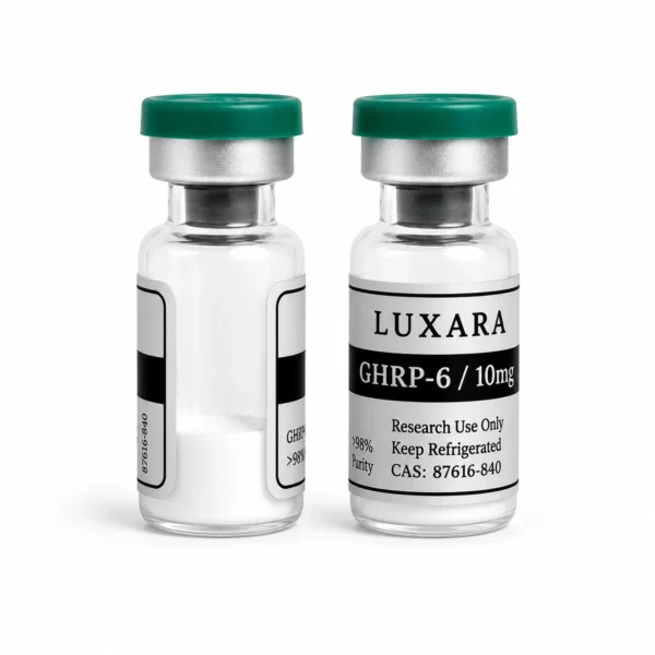 Two Luxara Labs GHRP-6 10mg research peptide vials with green caps on a white background