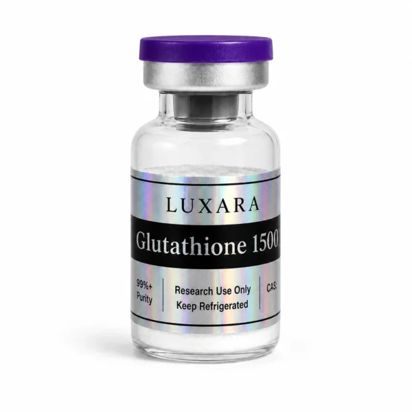 Luxara Labs Glutathione 1500mg research compound vial with purple cap on a white background