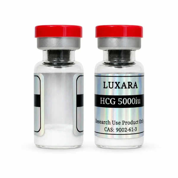 Two Luxara Labs HCG 5000 IU research product vials on a white background