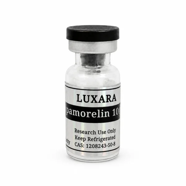 Luxara Labs Ipamorelin 10mg research peptide vial on a white background
