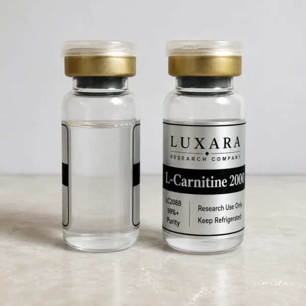 Two Luxara Labs L-Carnitine 2000mg research vials with clear solution on a white background