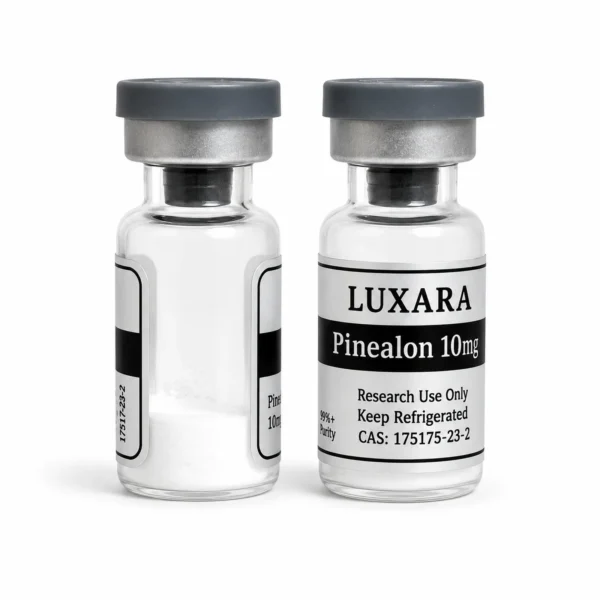 Two Luxara Labs Pinealon 10mg research peptide vials with grey caps on a white background