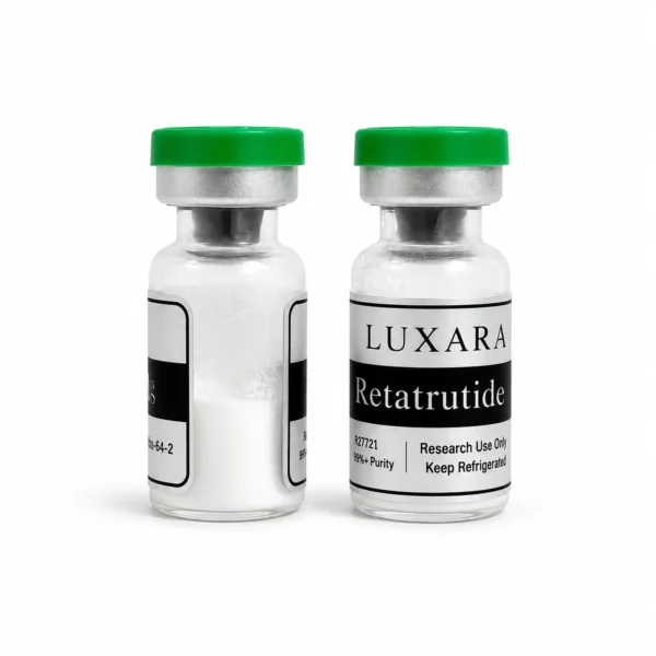 Two Luxara Labs Retatrutide research peptide vials with green caps on a white background