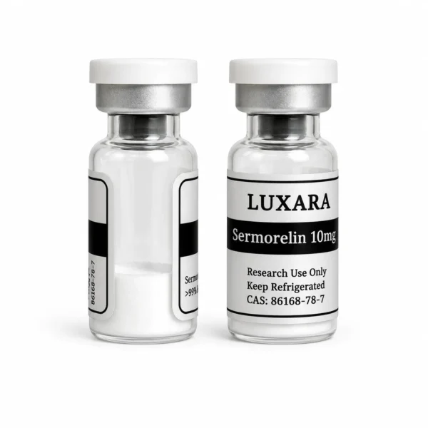 Two Luxara Labs Sermorelin 10mg research peptide vials with white caps on a white background