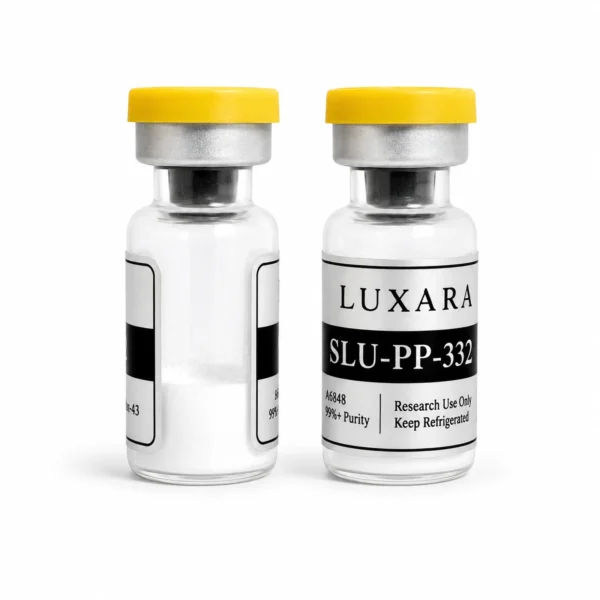 Two Luxara Labs SLU-PP-332 research compound vials with yellow caps on a white background