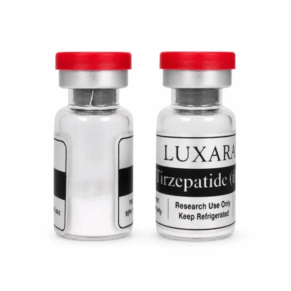 Two Luxara Labs Tirzepatide research peptide vials with red caps on a white background