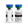 Two Luxara Labs VIP 10mg research peptide vials with blue and green caps on a white background