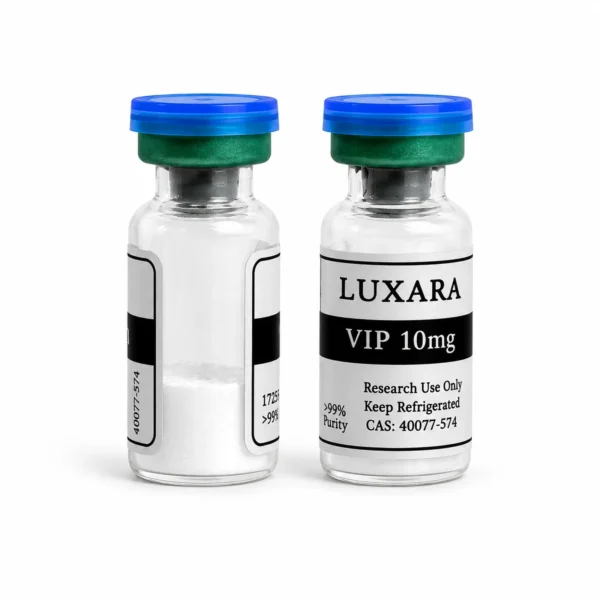 Two Luxara Labs VIP 10mg research peptide vials with blue and green caps on a white background